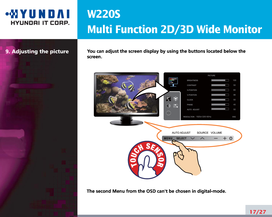 Hyundai manual Adjusting the picture, W220S Multi Function 2D/3D Wide Monitor, 17/27, screen 