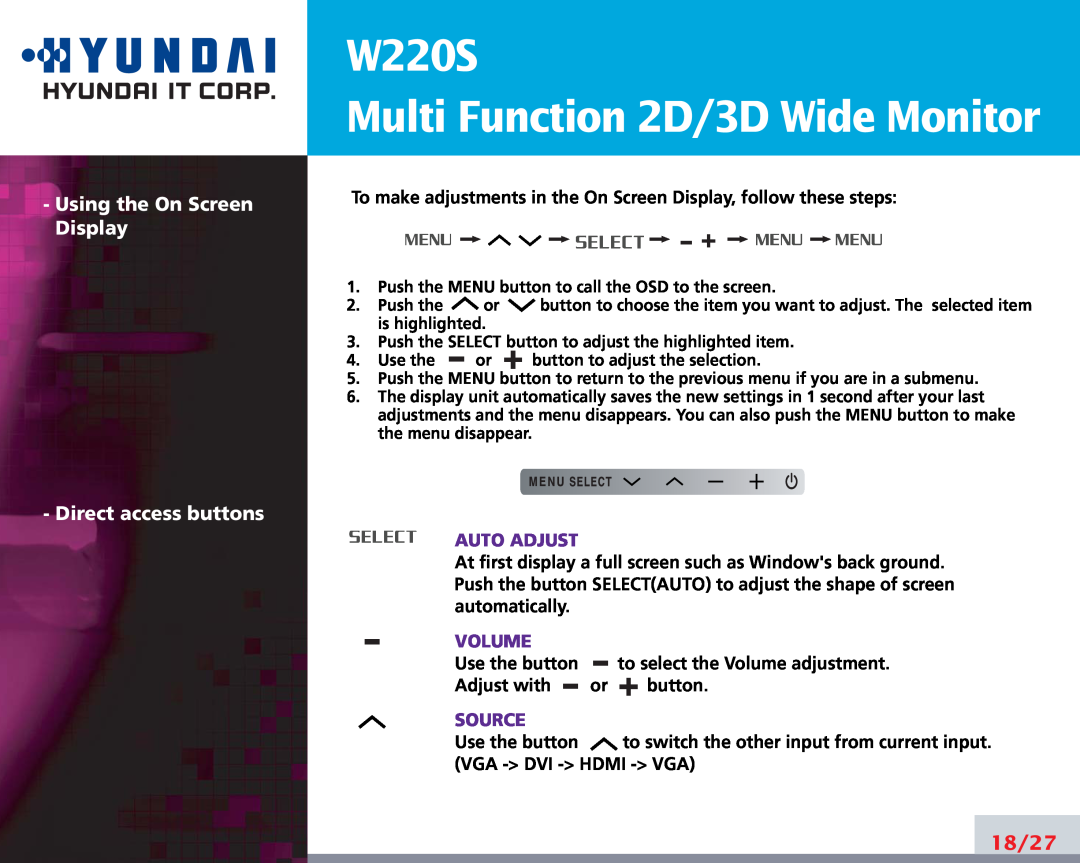 Hyundai W220S Multi Function 2D/3D Wide Monitor, Using the On Screen Display Direct access buttons, 18/27, Auto Adjust 