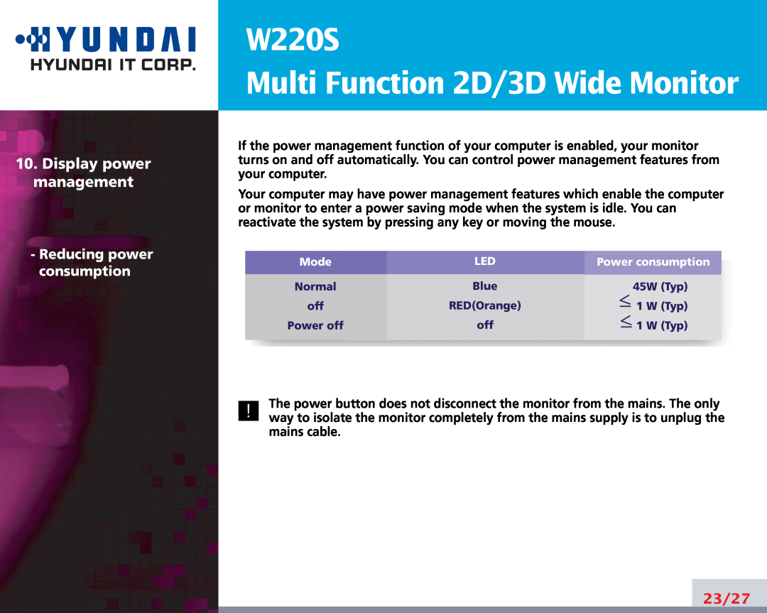 Hyundai manual Display power management, W220S Multi Function 2D/3D Wide Monitor, Reducing power consumption, 23/27 