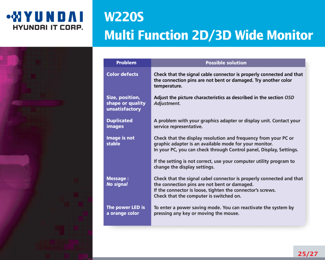 Hyundai manual W220S Multi Function 2D/3D Wide Monitor, 25/27 