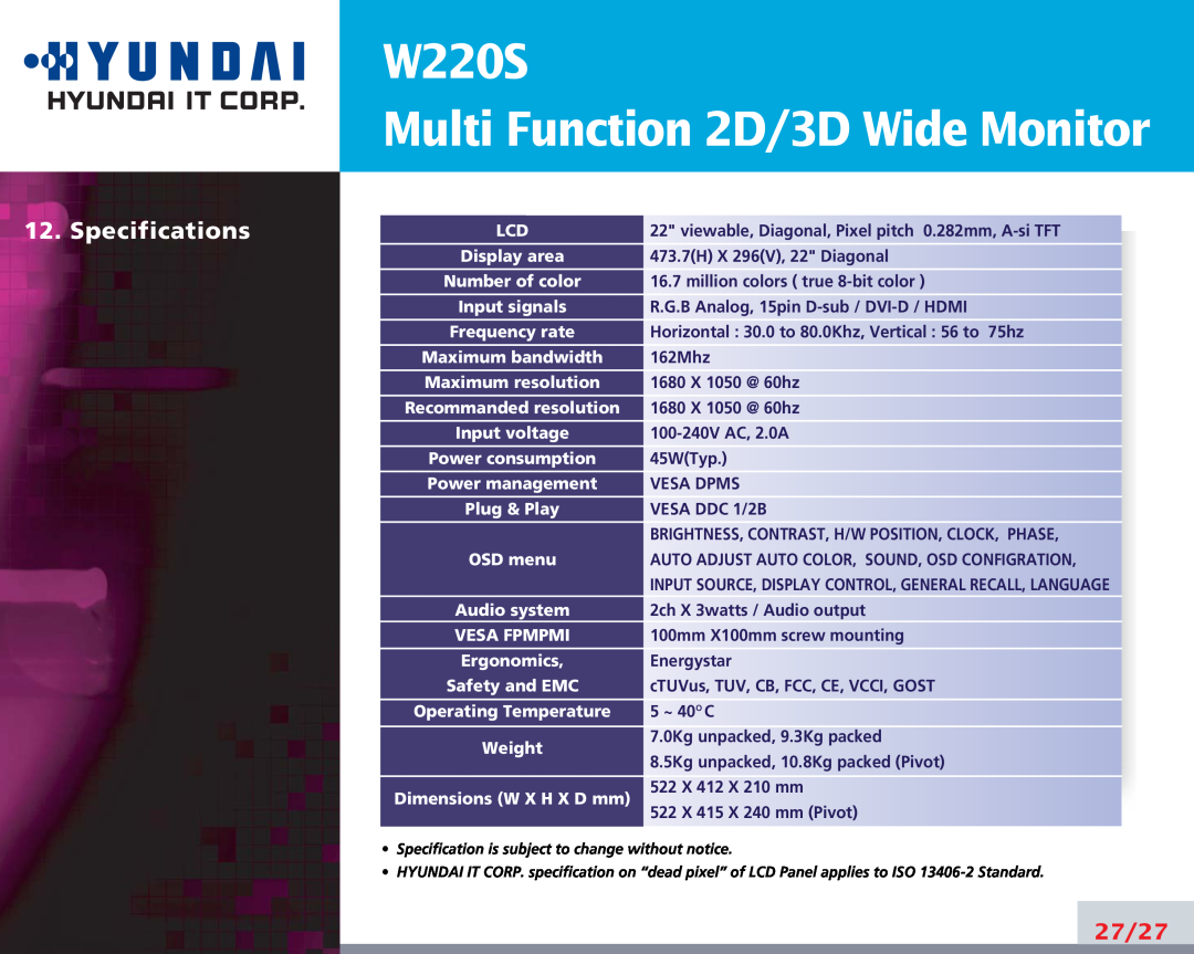Hyundai manual W220S Multi Function 2D/3D Wide Monitor, Specifications, 27/27 
