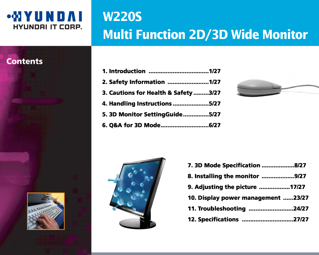 Hyundai manual W220S Multi Function 2D/3D Wide Monitor, Contents 