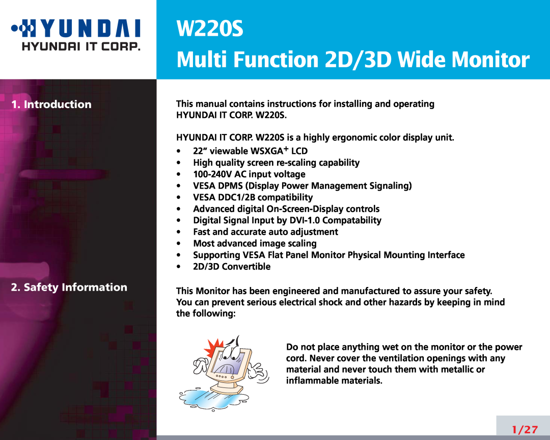 Hyundai manual Introduction 2. Safety Information, W220S Multi Function 2D/3D Wide Monitor, 1/27 