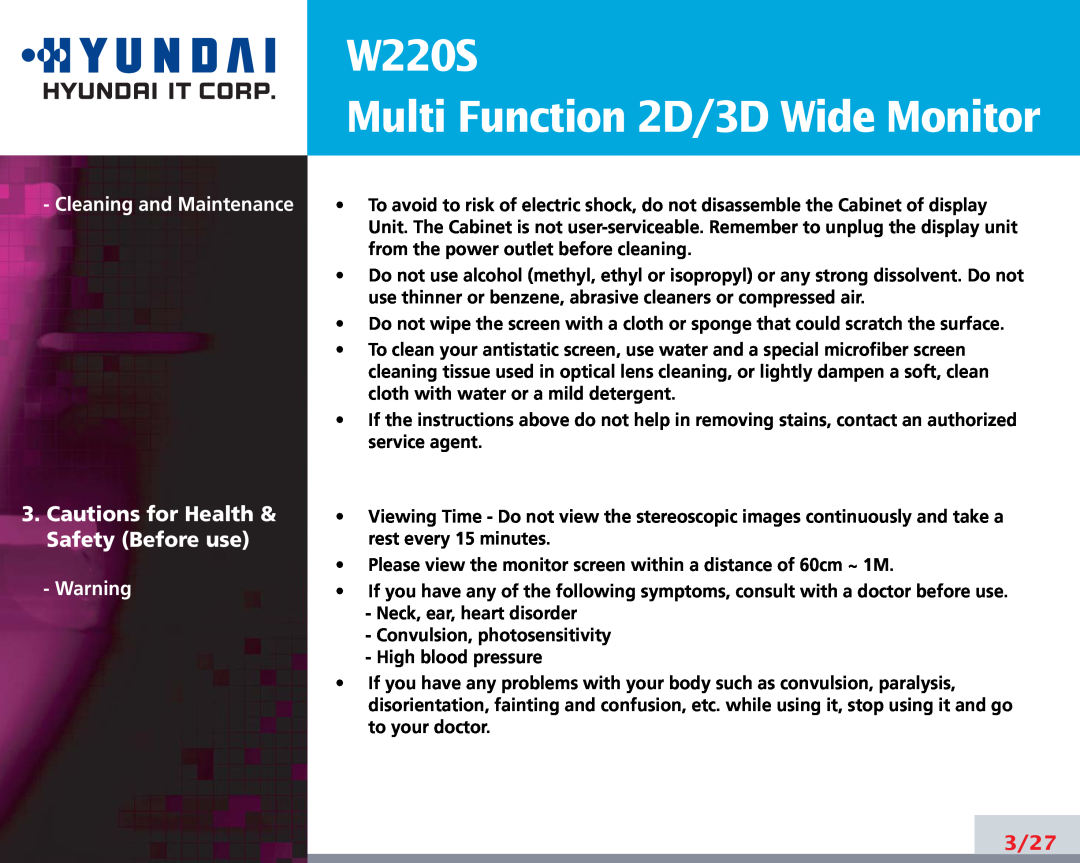 Hyundai Cautions for Health & Safety Before use, W220S Multi Function 2D/3D Wide Monitor, Cleaning and Maintenance 