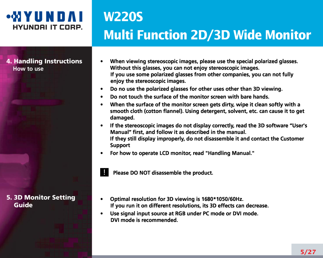 Hyundai Handling Instructions, 5. 3D Monitor Setting Guide, W220S Multi Function 2D/3D Wide Monitor, How to use, 5/27 
