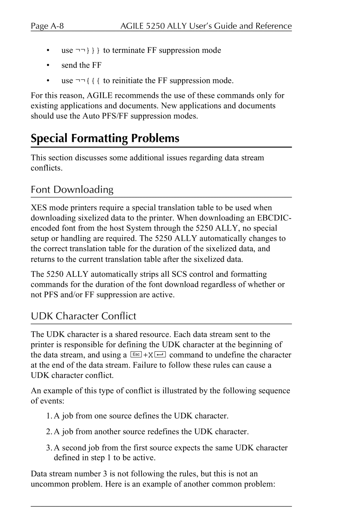 I-Data 5250 ALLY manual Special Formatting Problems, Font Downloading, UDK Character Conflict 