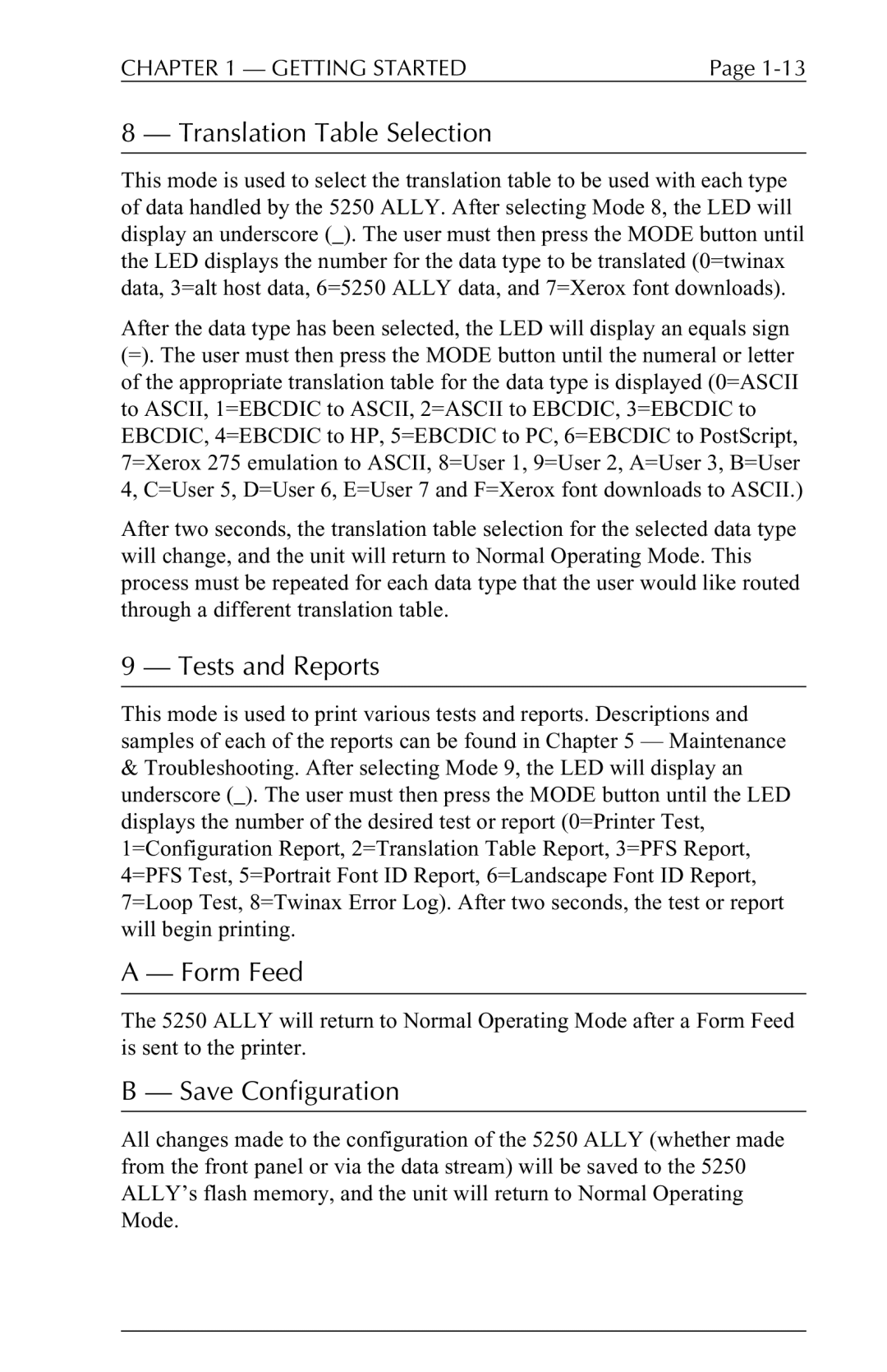 I-Data 5250 ALLY manual Translation Table Selection, Tests and Reports, Form Feed, Save Configuration 