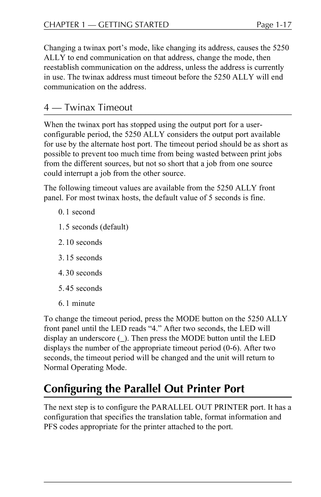 I-Data 5250 ALLY manual Configuring the Parallel Out Printer Port, Twinax Timeout 