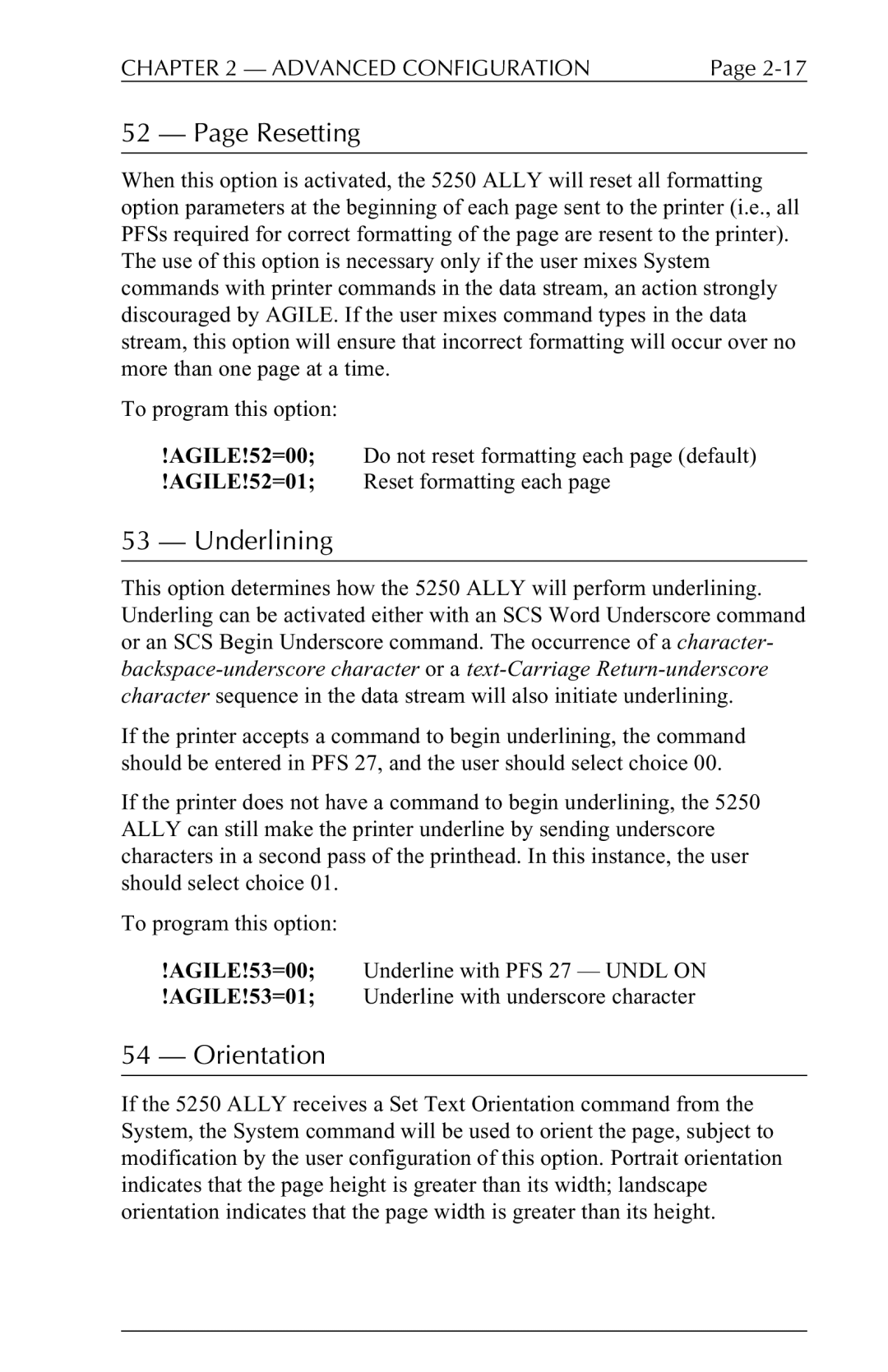 I-Data 5250 ALLY manual Resetting, Underlining, Orientation 