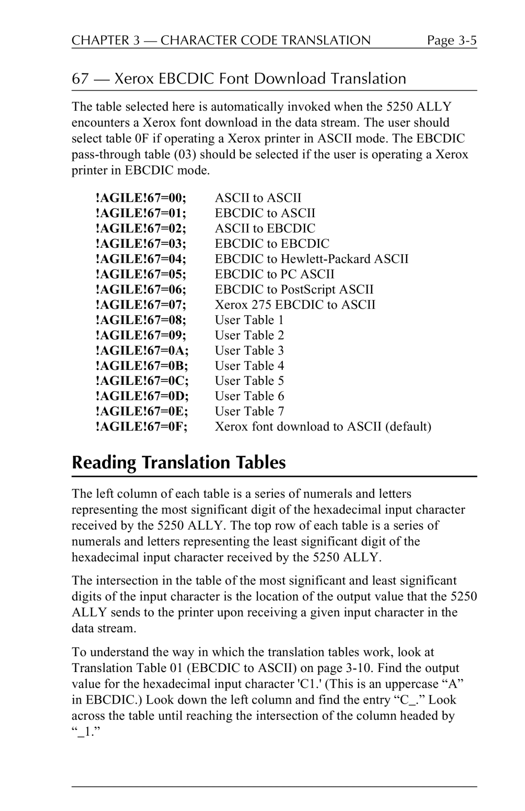 I-Data 5250 ALLY manual Reading Translation Tables, Xerox Ebcdic Font Download Translation 