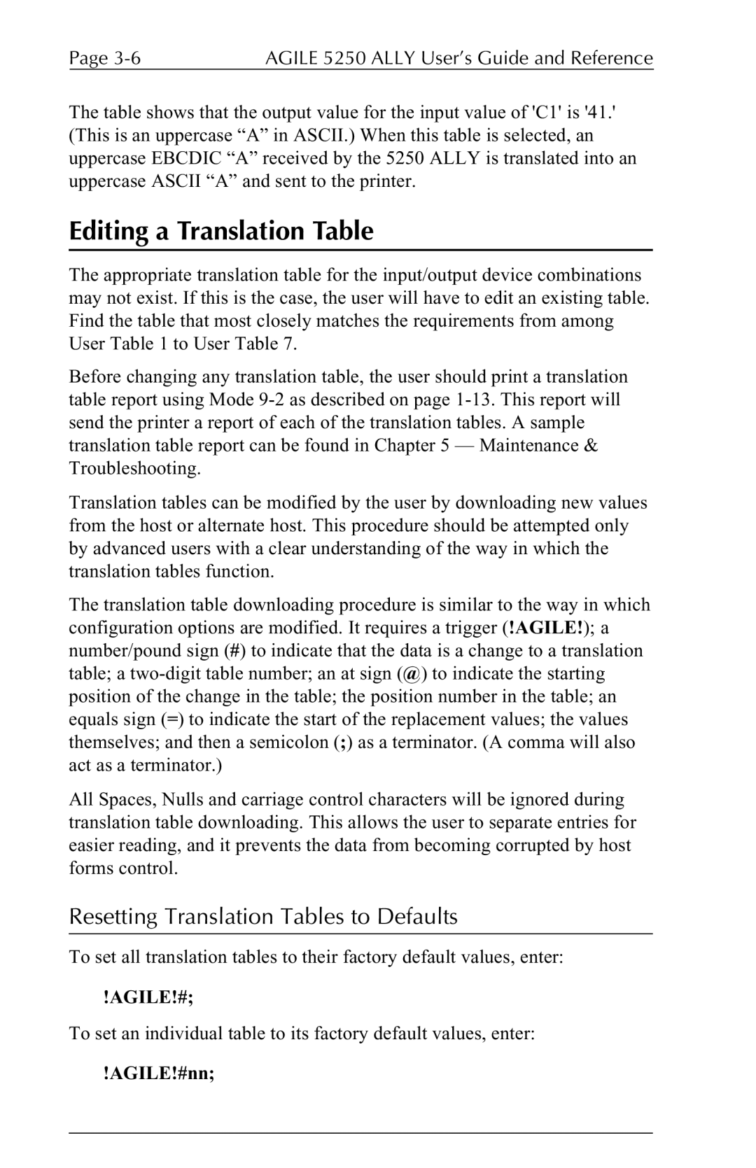 I-Data 5250 ALLY manual Editing a Translation Table, Resetting Translation Tables to Defaults, Agile!# 