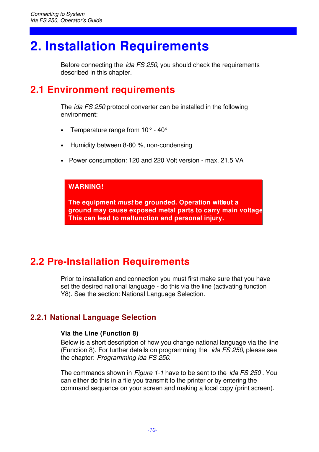 I-Data FS 250 PDS Environment requirements, Pre-Installation Requirements, National Language Selection 