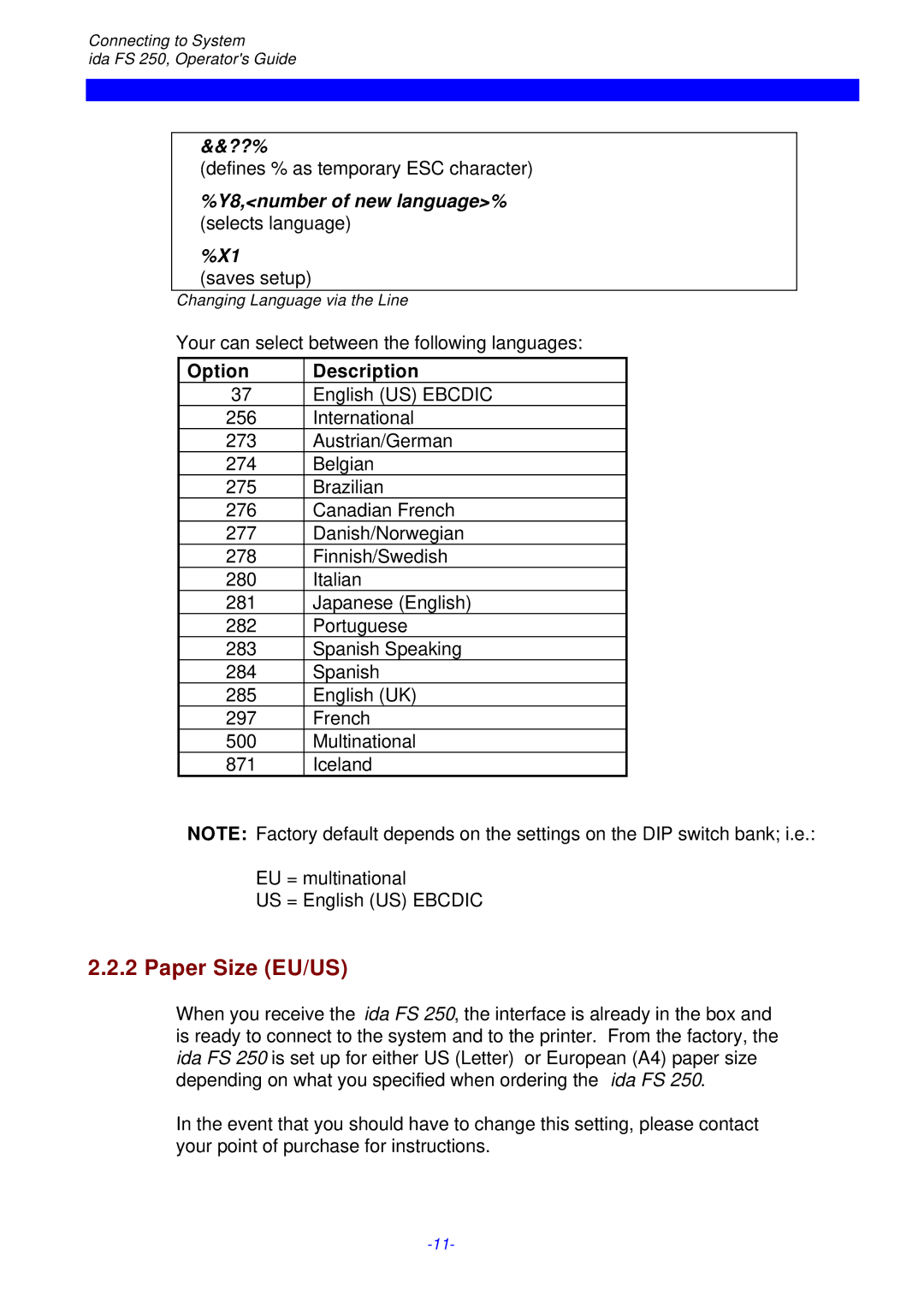 I-Data i-data Electronic Documentation ida, FS 250 Paper Size EU/US, ??%, Y8,number of new language% selects language 