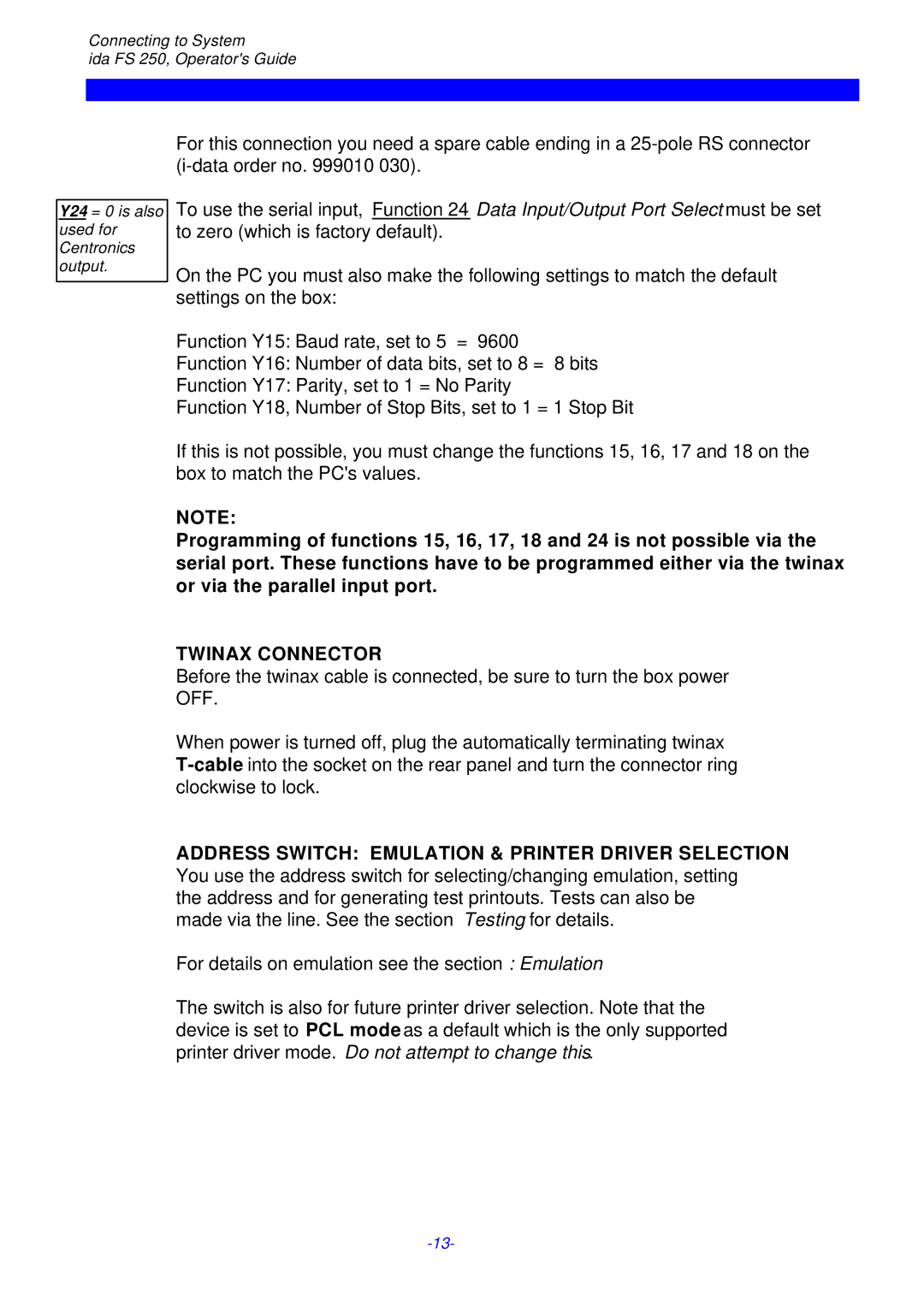 I-Data FS 250 PDS, i-data Electronic Documentation ida instruction manual Twinax Connector 