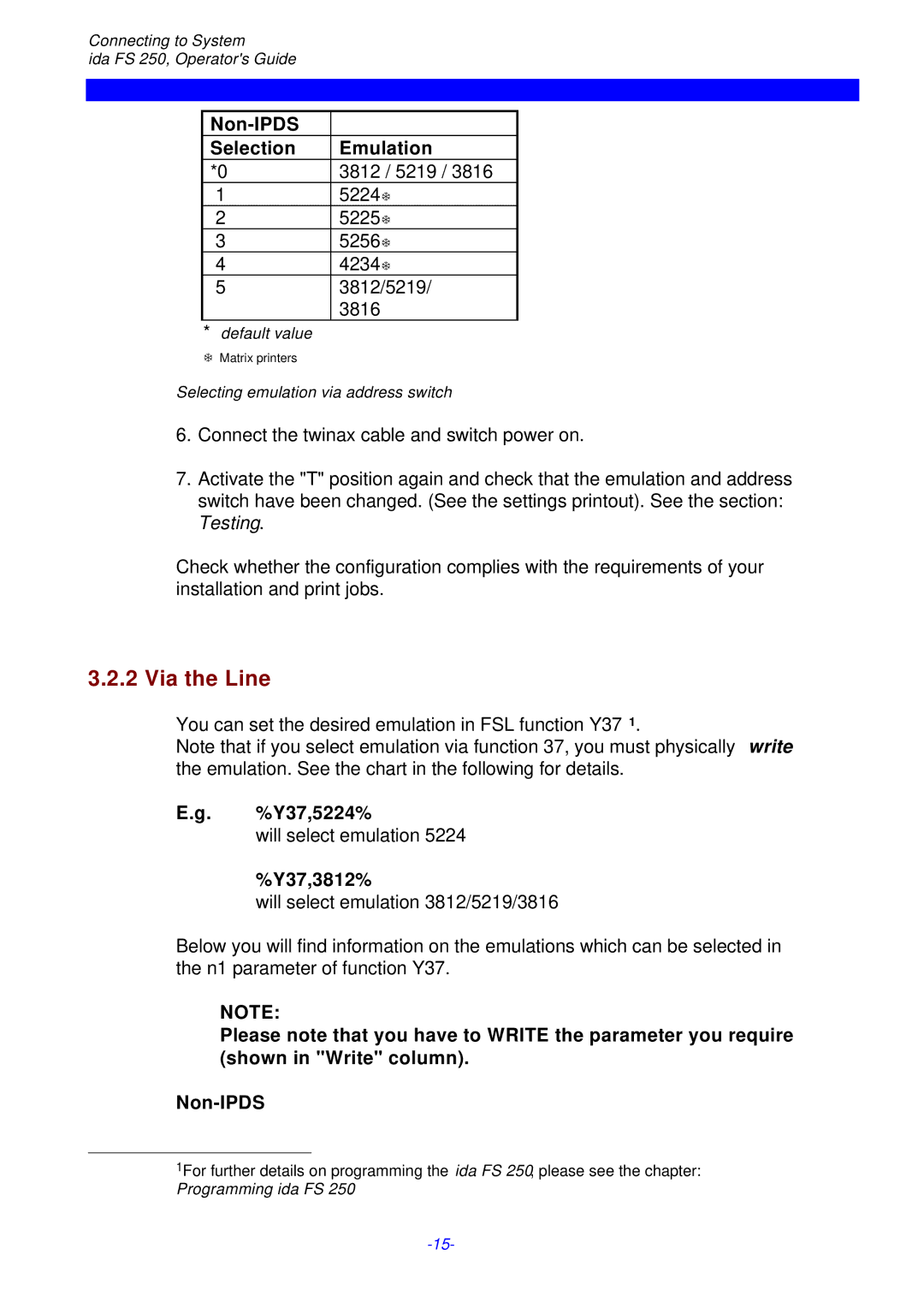 I-Data FS 250 PDS, i-data Electronic Documentation ida Via the Line, Non-IPDS Selection Emulation, Y37,5224%, Y37,3812% 