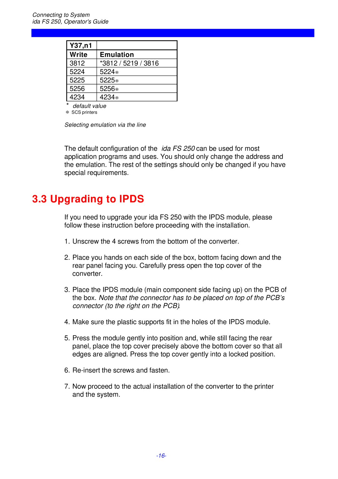 I-Data FS 250 PDS, i-data Electronic Documentation ida instruction manual Upgrading to Ipds, Y37,n1 Write Emulation 