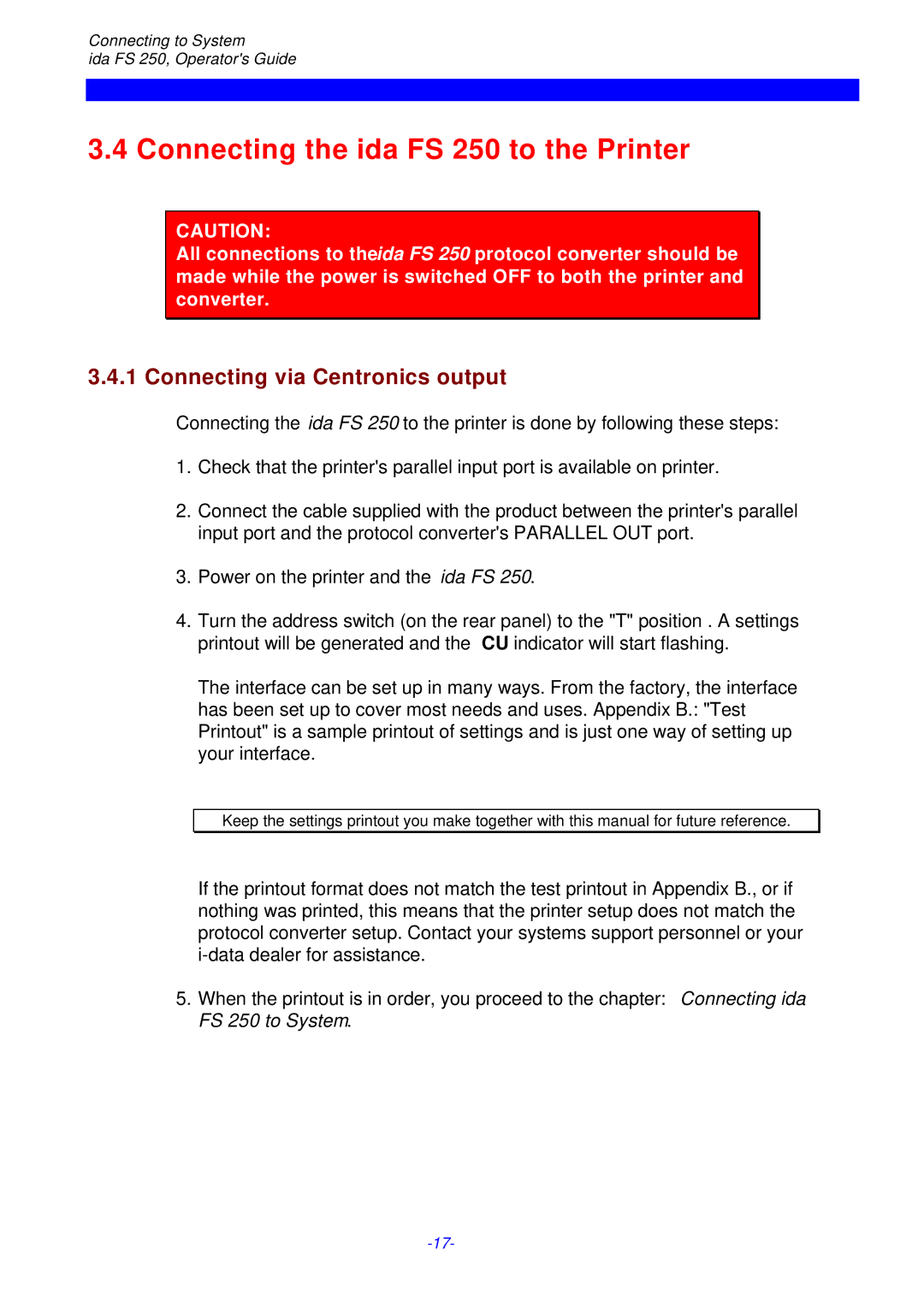 I-Data i-data Electronic Documentation ida Connecting the ida FS 250 to the Printer, Connecting via Centronics output 