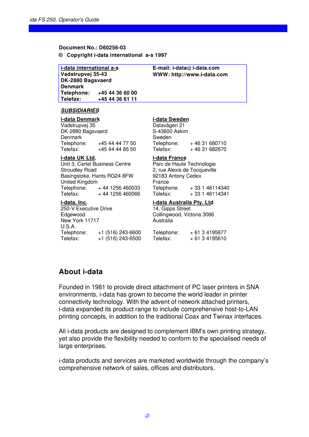 I-Data i-data Electronic Documentation ida, FS 250 PDS instruction manual About i-data 