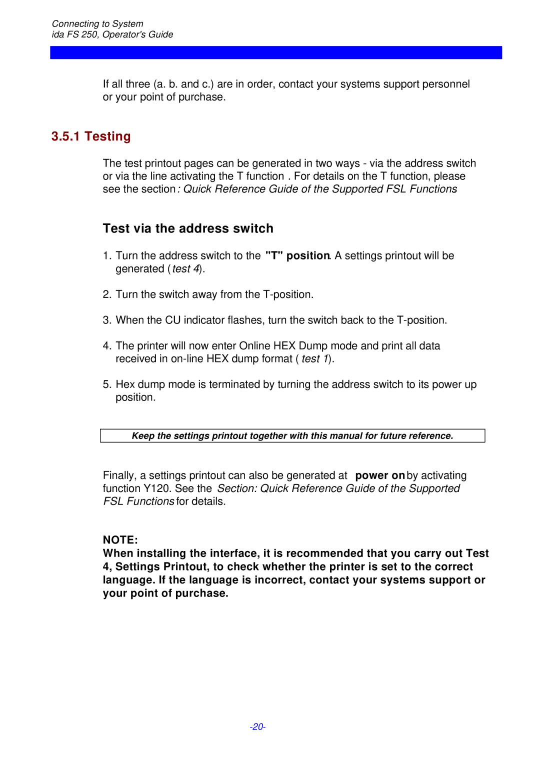 I-Data i-data Electronic Documentation ida, FS 250 PDS instruction manual Testing, Test via the address switch 