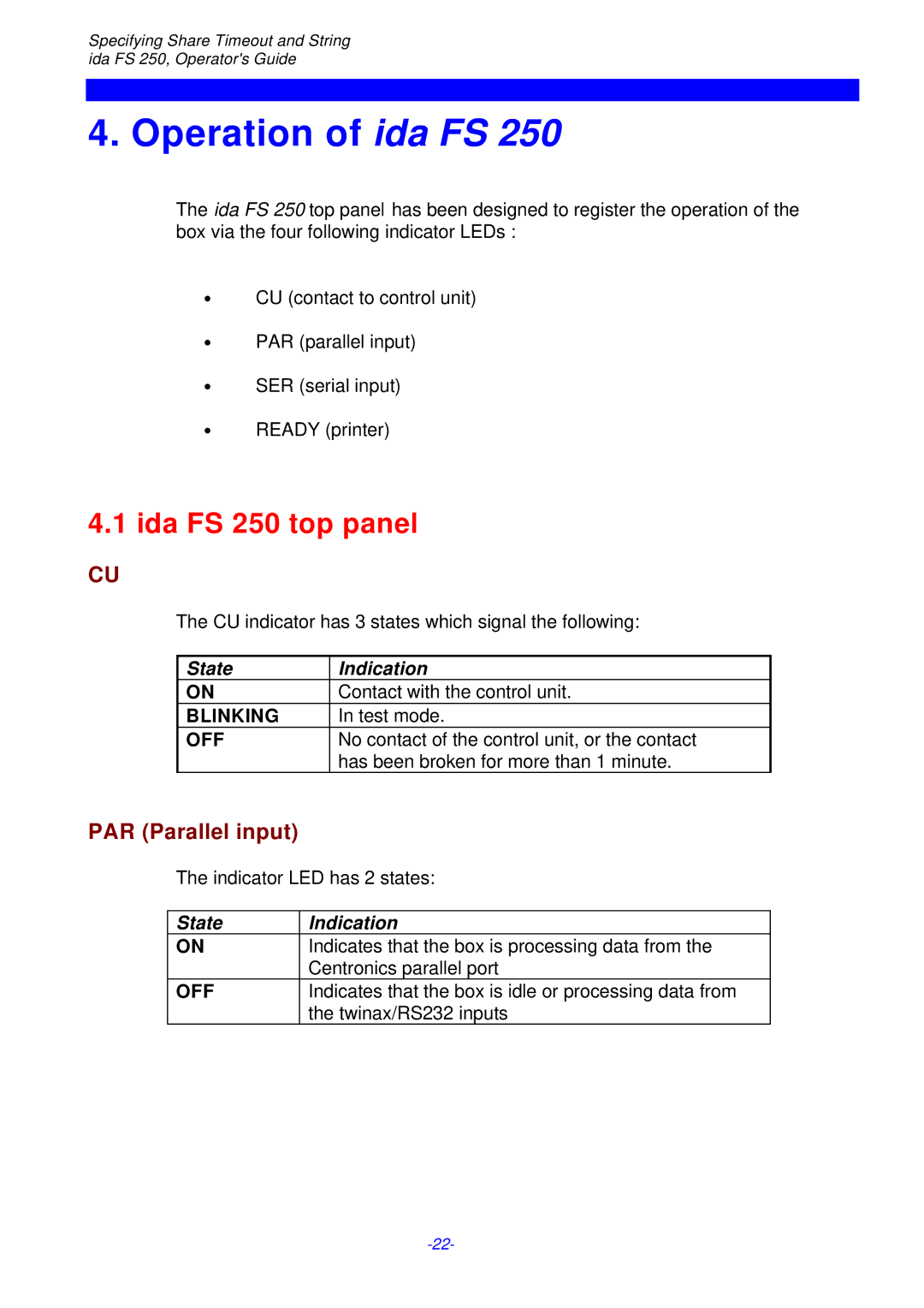 I-Data FS 250 PDS, i-data Electronic Documentation ida Operation of ida FS, Ida FS 250 top panel, PAR Parallel input 