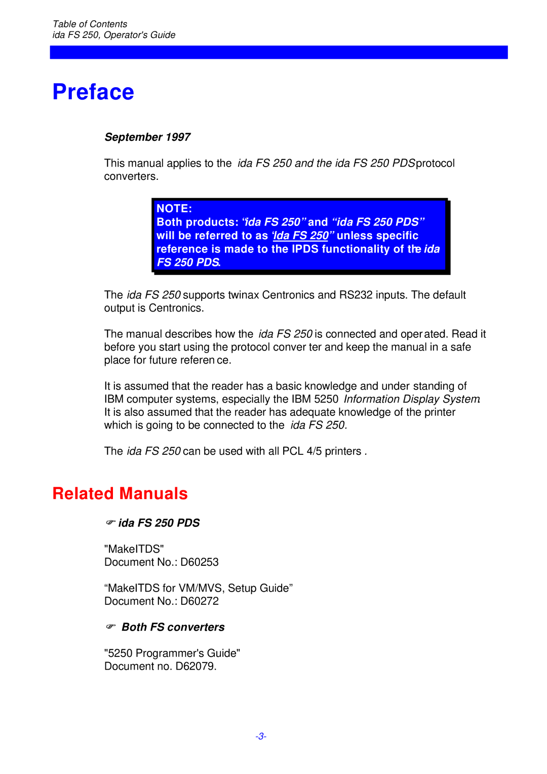 I-Data i-data Electronic Documentation ida Preface, Related Manuals, September, Ida FS 250 PDS, Both FS converters 