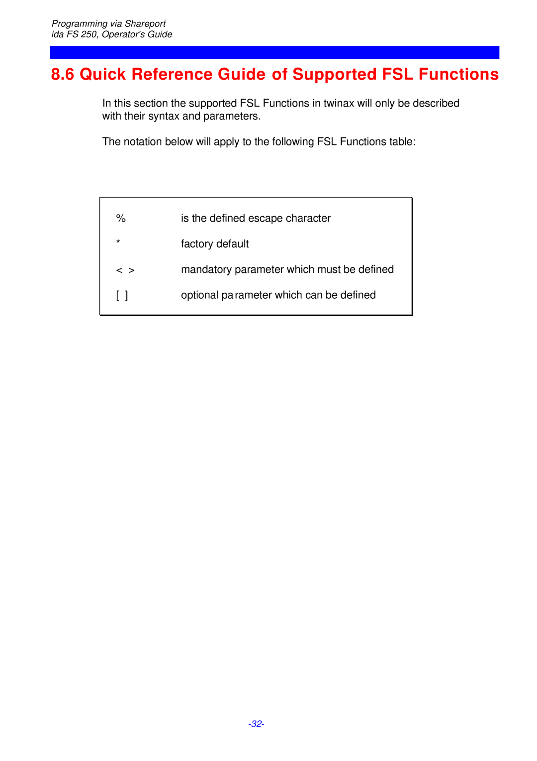 I-Data i-data Electronic Documentation ida, FS 250 PDS Quick Reference Guide of Supported FSL Functions 