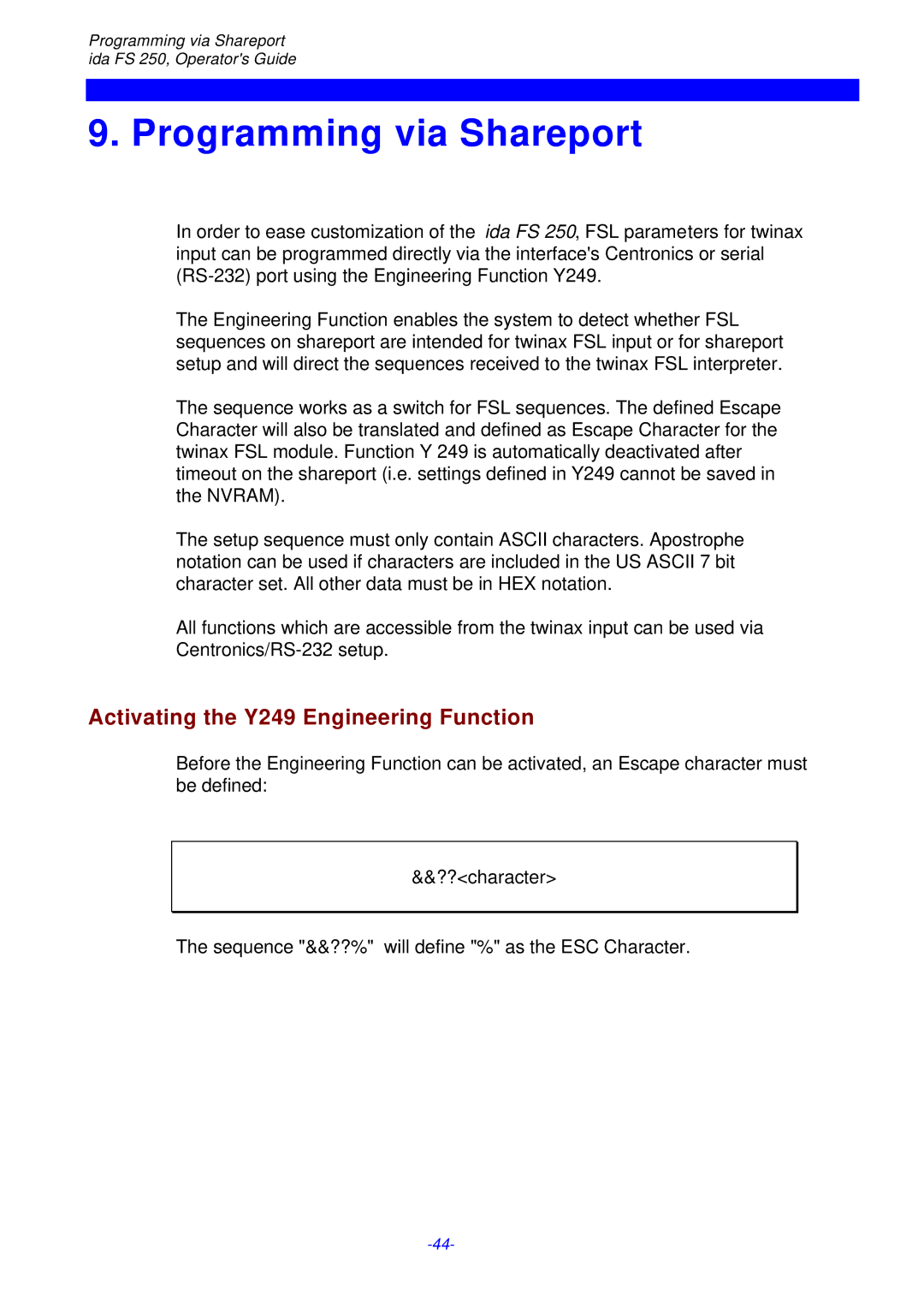 I-Data i-data Electronic Documentation ida, FS 250 Programming via Shareport, Activating the Y249 Engineering Function 