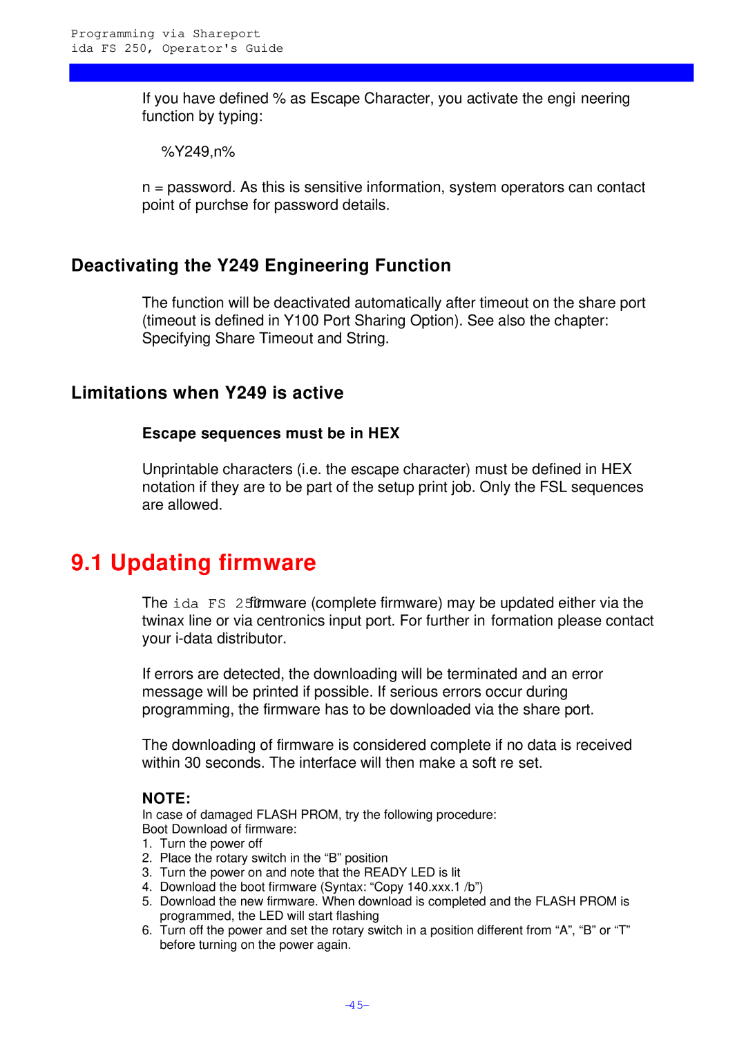 I-Data FS 250 PDS, i-data Electronic Documentation ida Updating firmware, Escape sequences must be in HEX 