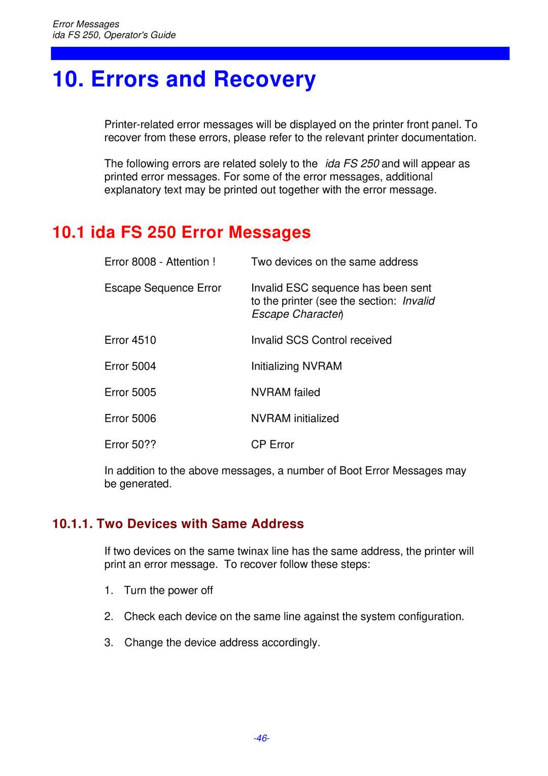 I-Data FS 250 PDS instruction manual Errors and Recovery, Ida FS 250 Error Messages, Two Devices with Same Address 