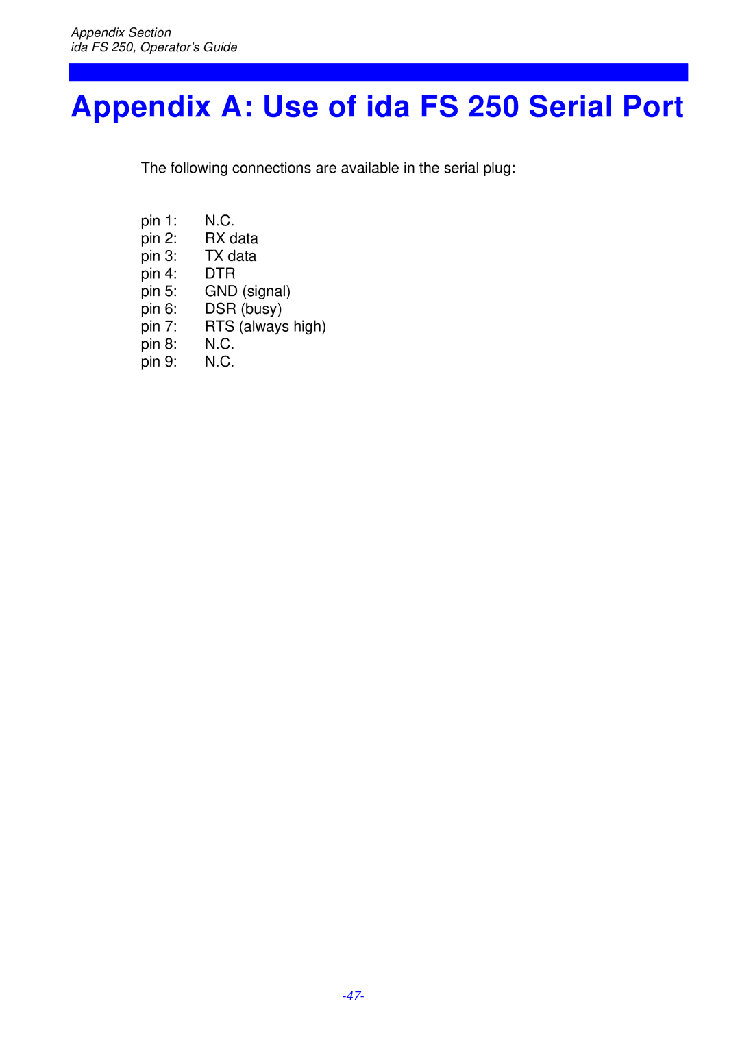 I-Data i-data Electronic Documentation ida, FS 250 PDS instruction manual Appendix a Use of ida FS 250 Serial Port 