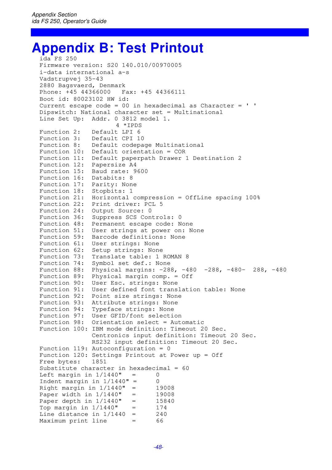 I-Data FS 250 PDS, i-data Electronic Documentation ida instruction manual Appendix B Test Printout 