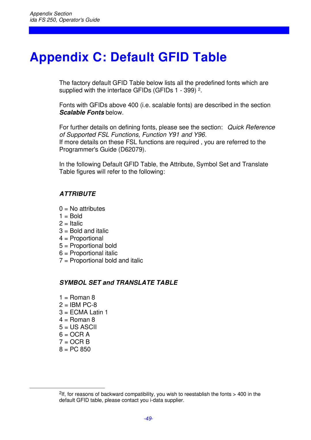 I-Data FS 250 PDS, i-data Electronic Documentation ida Appendix C Default Gfid Table, Symbol SET and Translate Table 