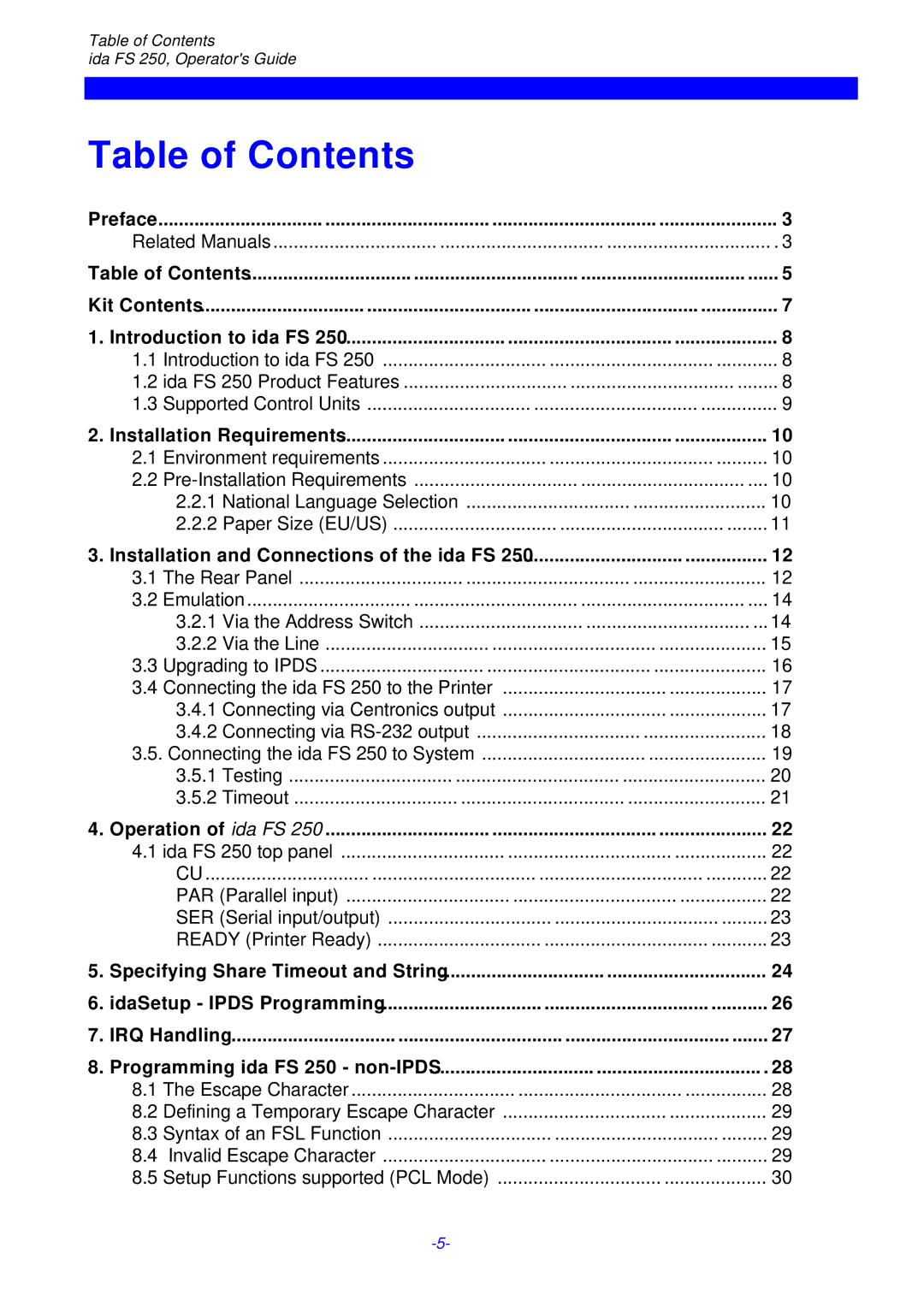 I-Data i-data Electronic Documentation ida, FS 250 PDS instruction manual Table of Contents 