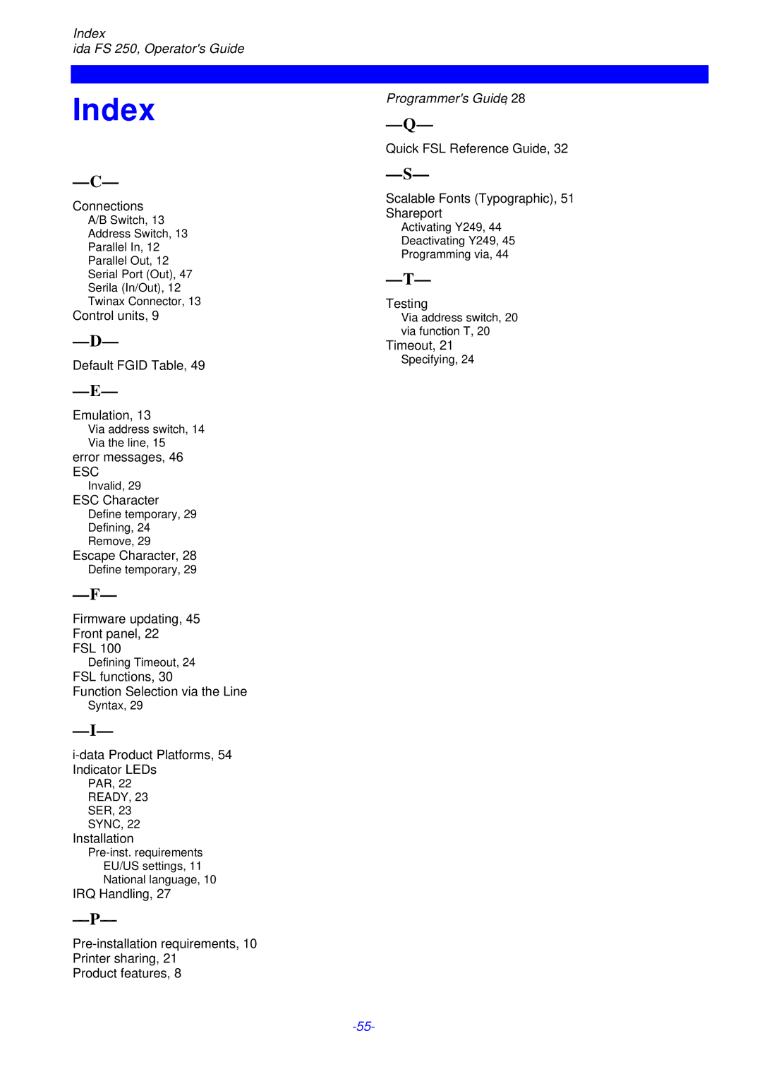 I-Data FS 250 PDS, i-data Electronic Documentation ida instruction manual Index, Programmers Guide 