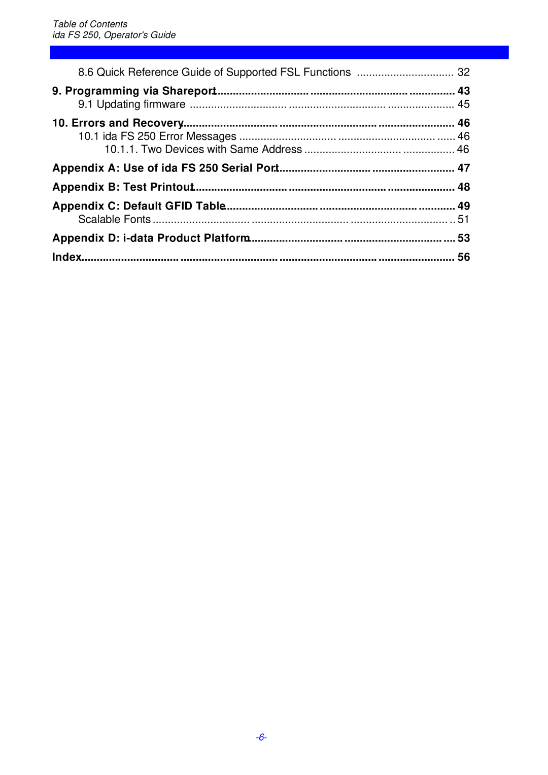 I-Data FS 250 PDS, i-data Electronic Documentation ida instruction manual Table of Contents Ida FS 250, Operators Guide 