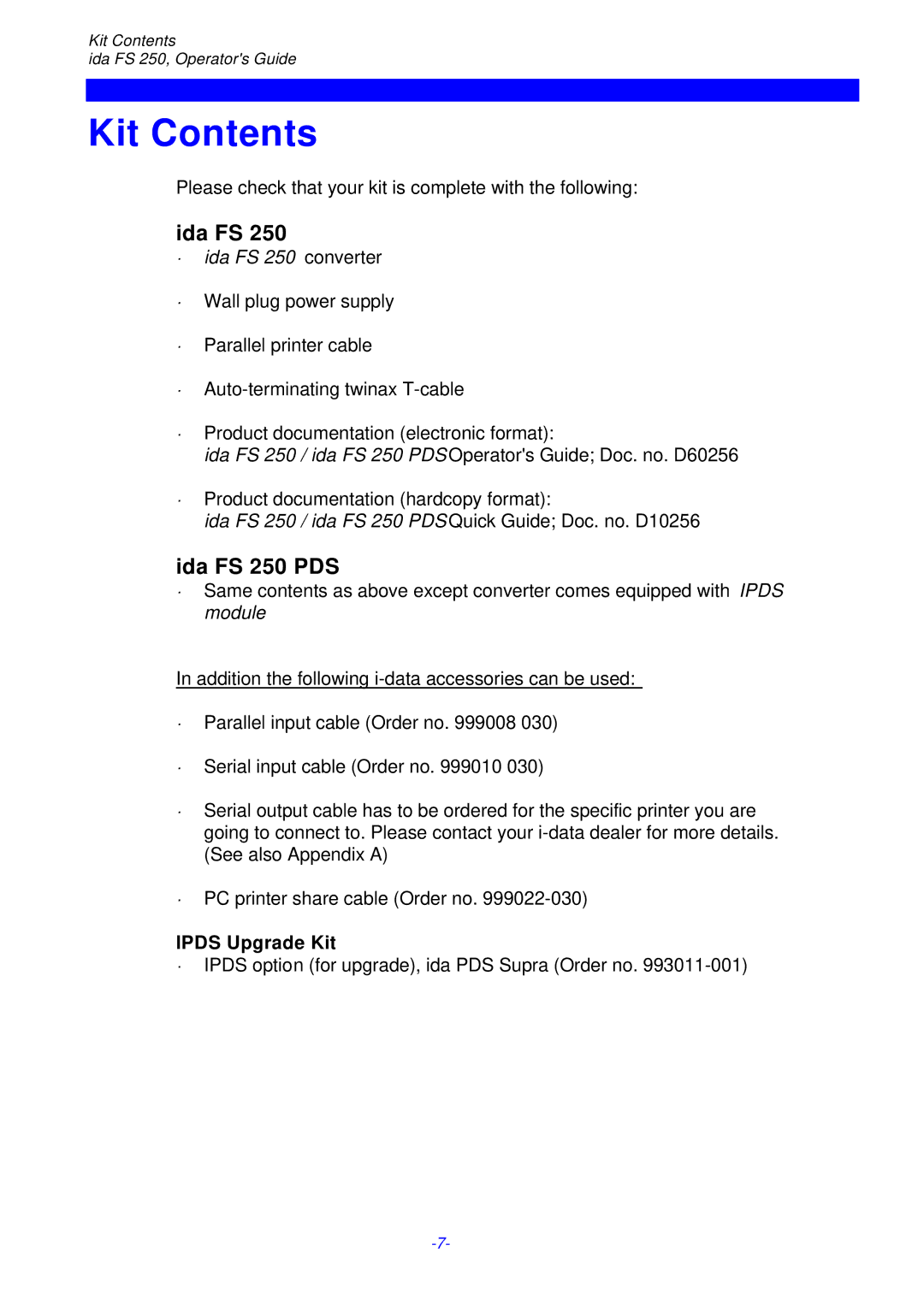 I-Data FS 250 PDS, i-data Electronic Documentation ida instruction manual Kit Contents 