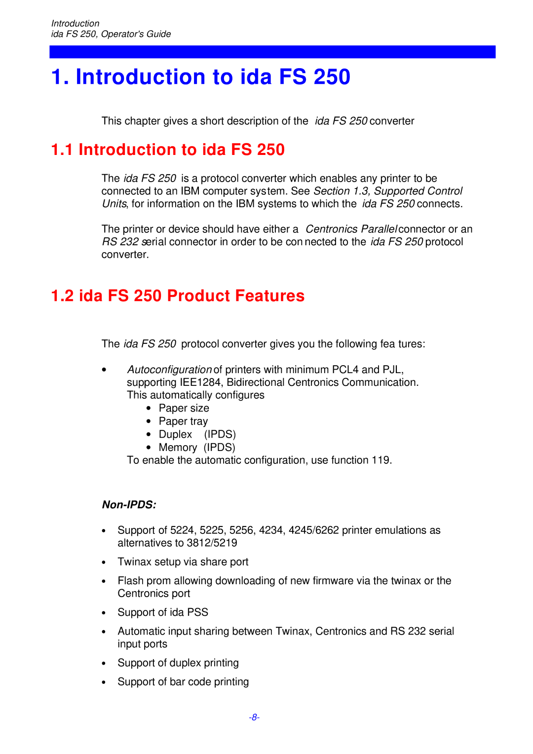 I-Data i-data Electronic Documentation ida, FS 250 PDS Introduction to ida FS, Ida FS 250 Product Features, Non-IPDS 