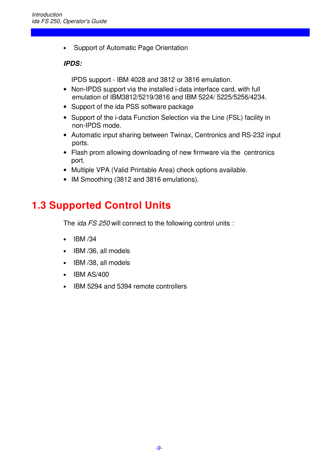 I-Data FS 250 PDS, i-data Electronic Documentation ida instruction manual Supported Control Units, Ipds 