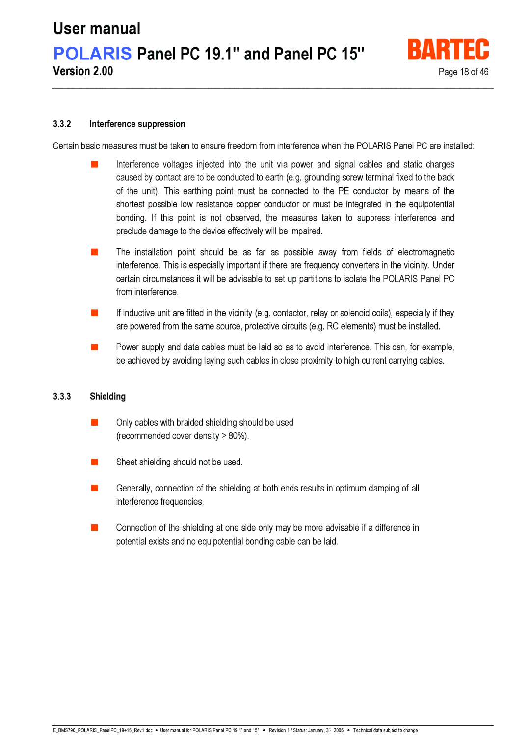 I-Data POLARIS Panel PC 19.1 user manual Interference suppression, Shielding 