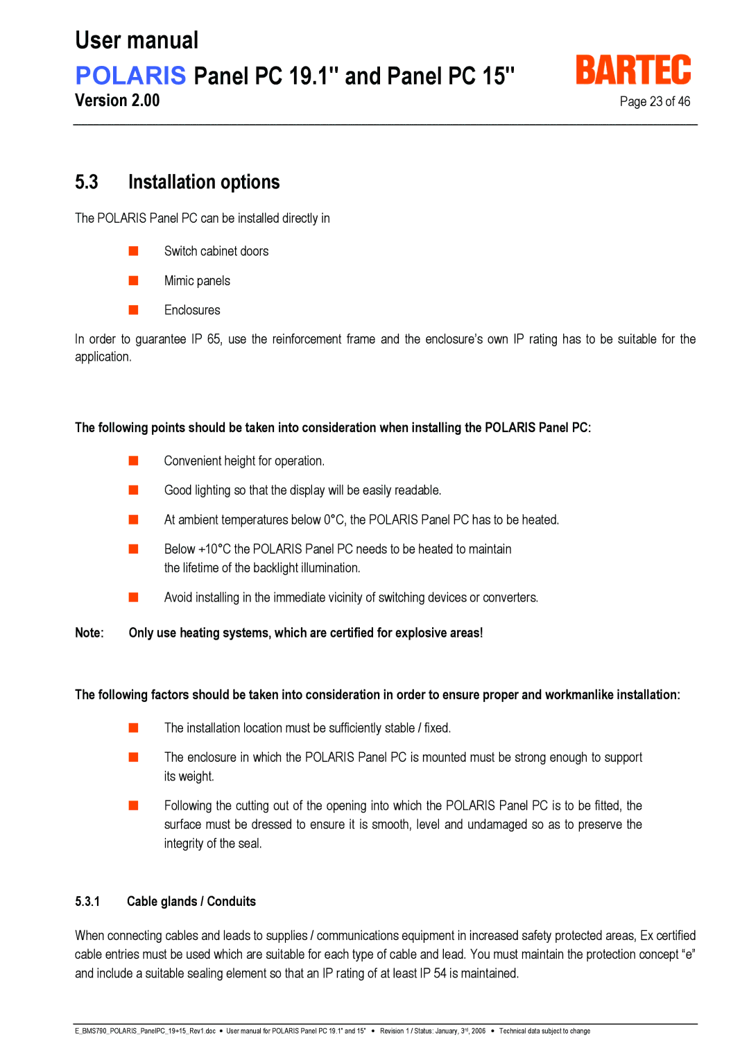 I-Data POLARIS Panel PC 19.1 user manual Installation options, Cable glands / Conduits 