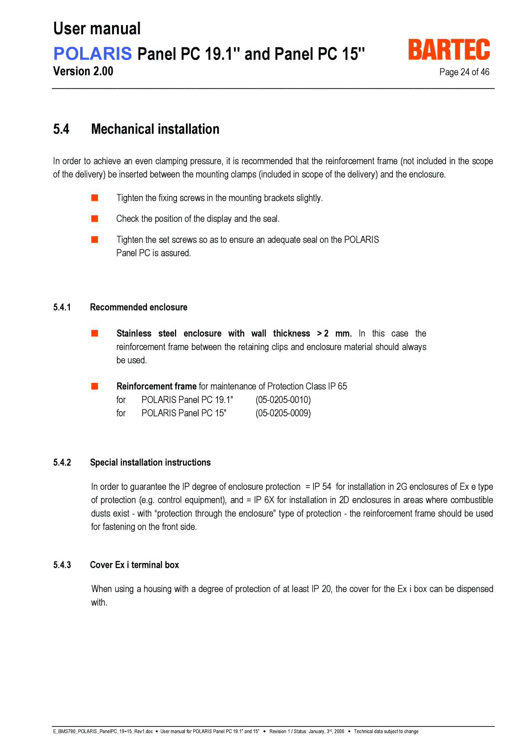 I-Data POLARIS Panel PC 19.1 Mechanical installation, Special installation instructions, Cover Ex i terminal box 