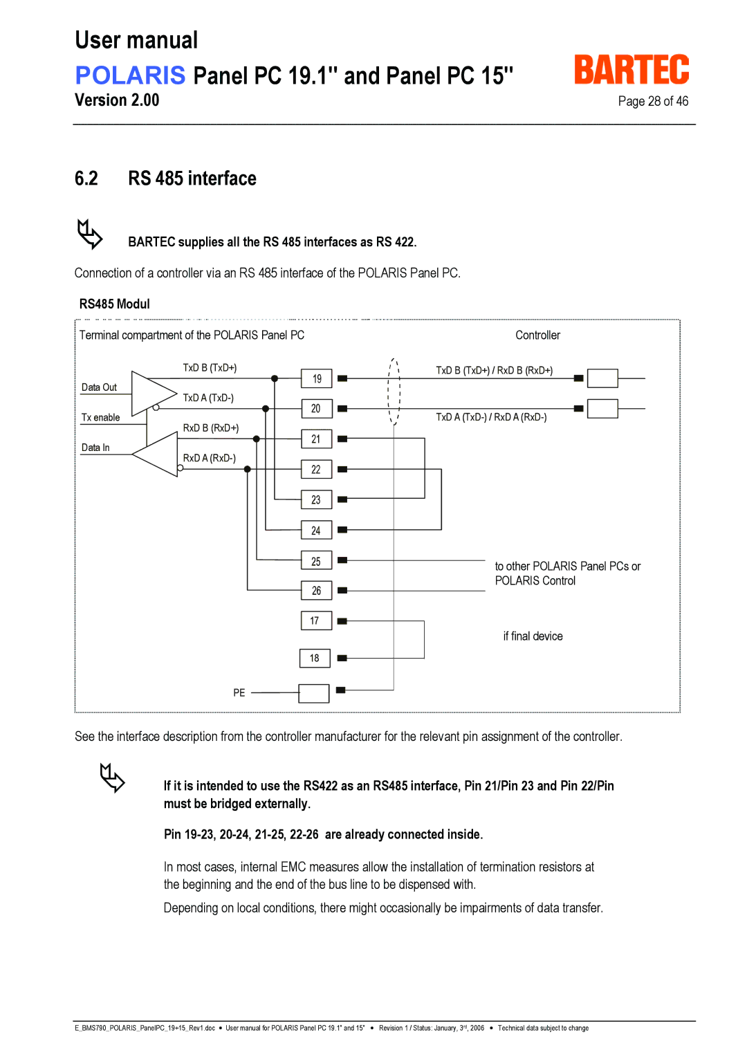 I-Data POLARIS Panel PC 19.1 user manual Bartec supplies all the RS 485 interfaces as RS, RS485 Modul 