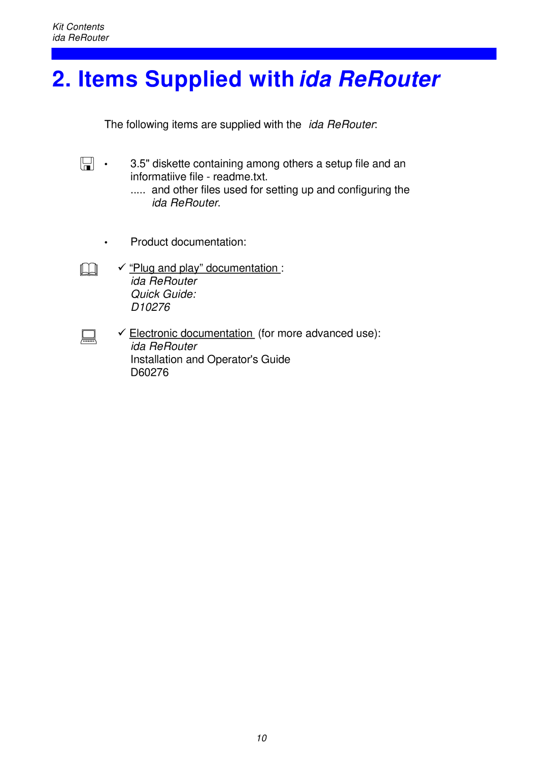 I-Data instruction manual Items Supplied with ida ReRouter, Quick Guide D10276 