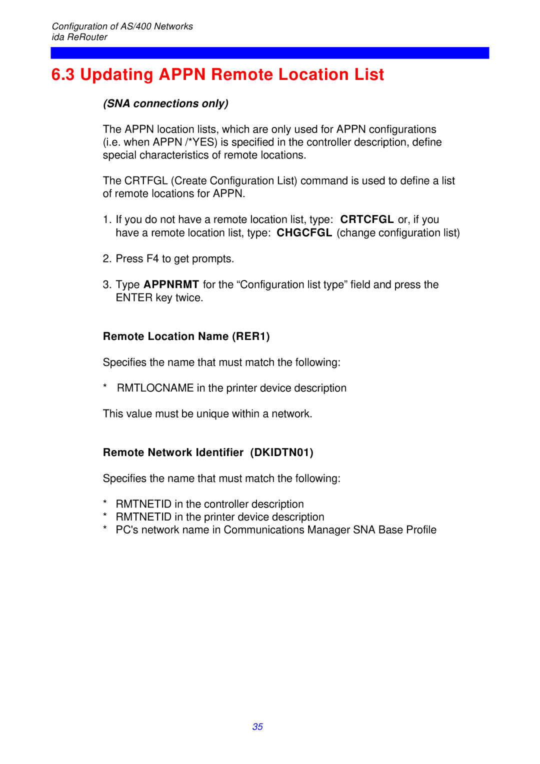 I-Data ReRouter instruction manual Updating Appn Remote Location List, SNA connections only, Remote Location Name RER1 