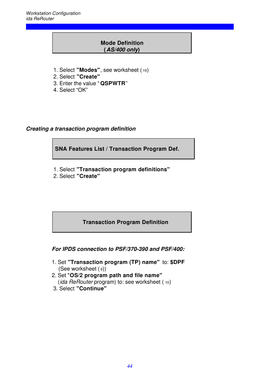 I-Data ReRouter AS/400 only, Creating a transaction program definition, For Ipds connection to PSF/370-390 and PSF/400 