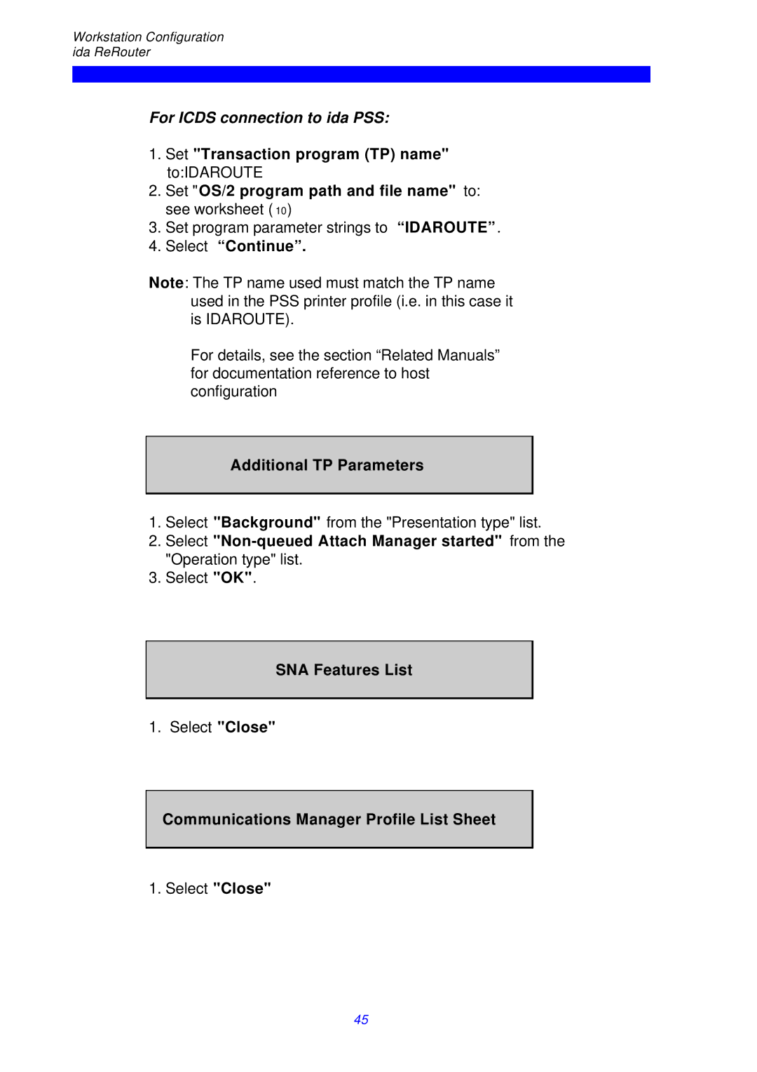 I-Data ReRouter instruction manual For Icds connection to ida PSS, Additional TP Parameters, SNA Features List 