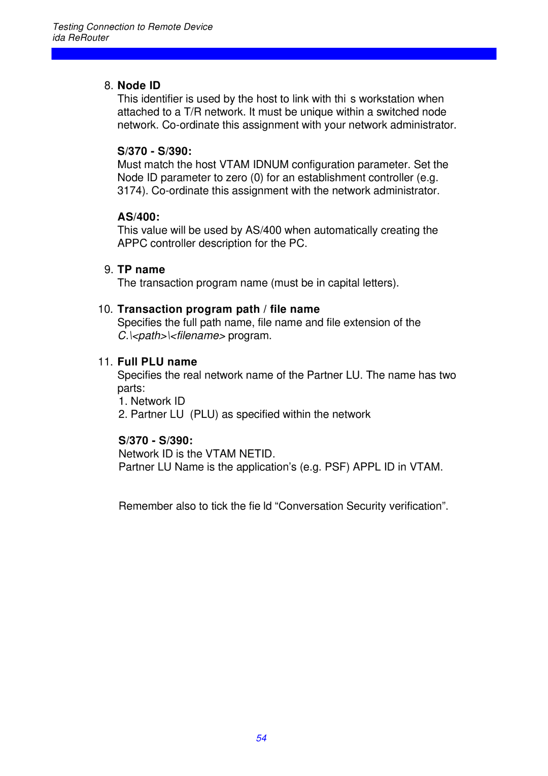 I-Data ReRouter instruction manual Node ID, 370 S/390, AS/400, TP name, Transaction program path / file name, Full PLU name 