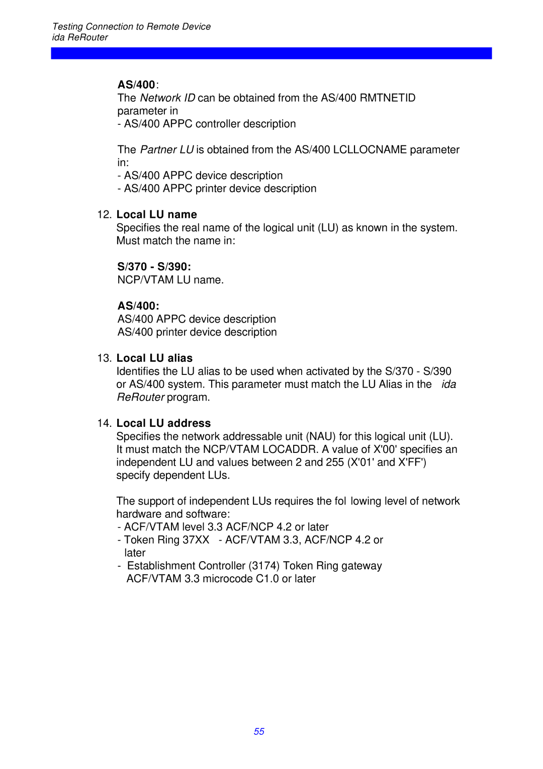 I-Data ReRouter instruction manual Local LU name, Local LU alias, Local LU address 