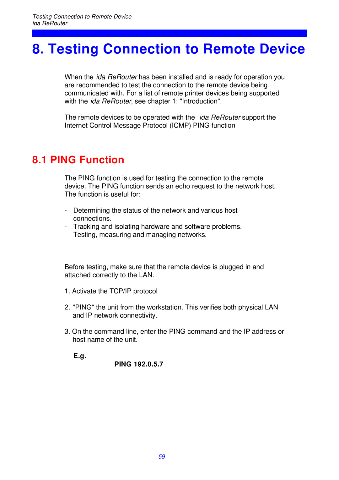 I-Data ReRouter instruction manual Testing Connection to Remote Device, Ping Function 