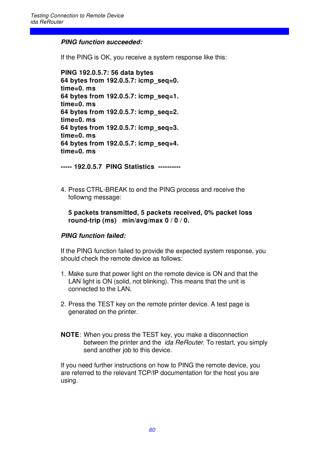 I-Data ReRouter instruction manual Ping function succeeded, Ping function failed 
